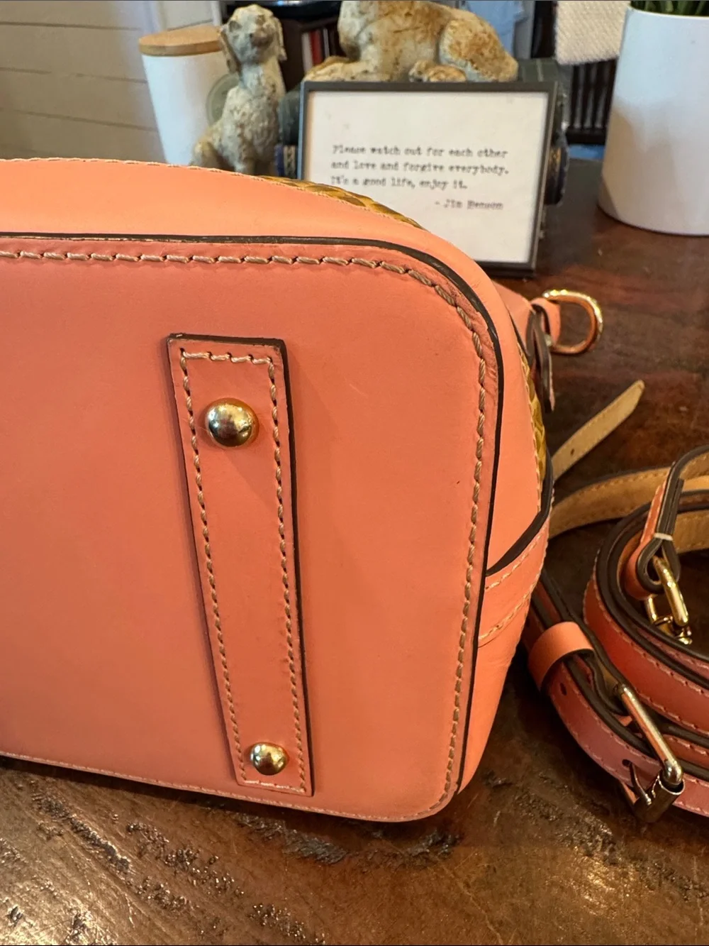 Dooney & Bourke Beacon Woven Embossed Leather Satchel/Crossbody with Pink Trim